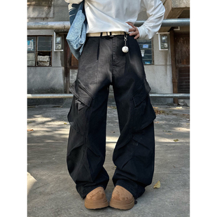 XBRO美式复古四季cleanfit廓形弯刀裤香蕉裤工装裤水洗男女牛仔裤