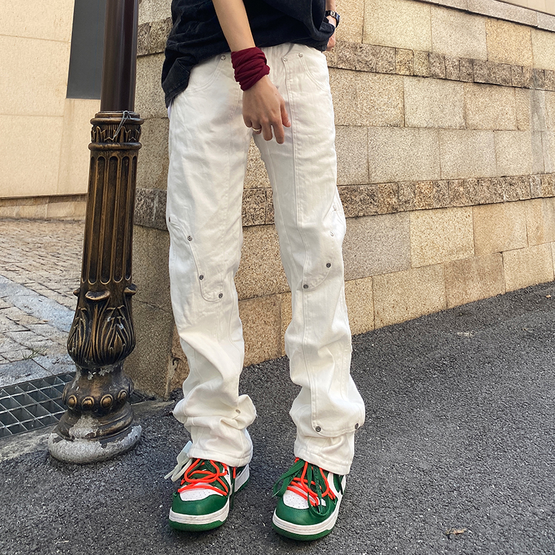美式高街小众白色牛仔裤bf