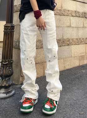 美式高街小众白色牛仔裤铆钉设计柳丁裤百搭直筒男女bf潮牌拖地裤