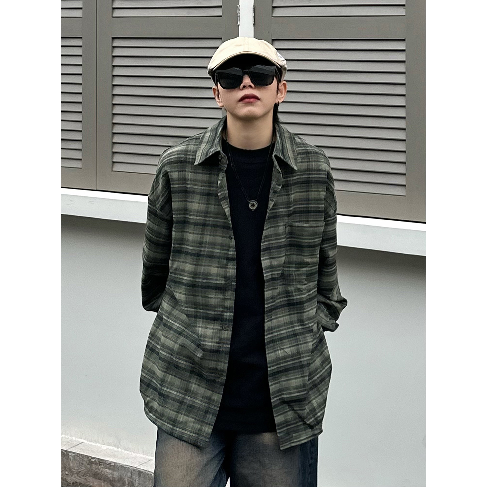 长袖格子衬衫美式复古古着