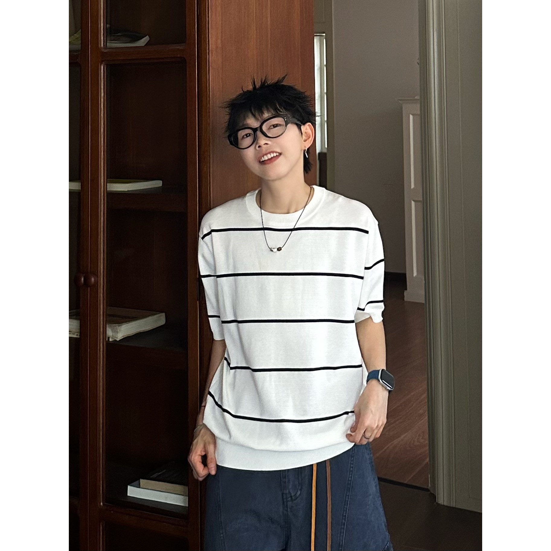 XBRO老钱风miu系通勤夏季百搭慵懒上衣男女五分袖条纹T恤宽松短袖