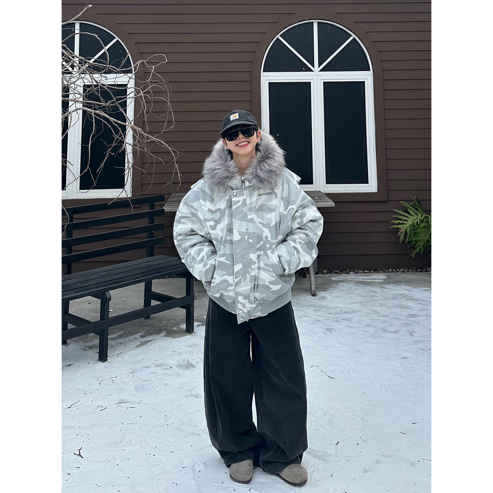 美式复古迷彩连帽毛领棉衣