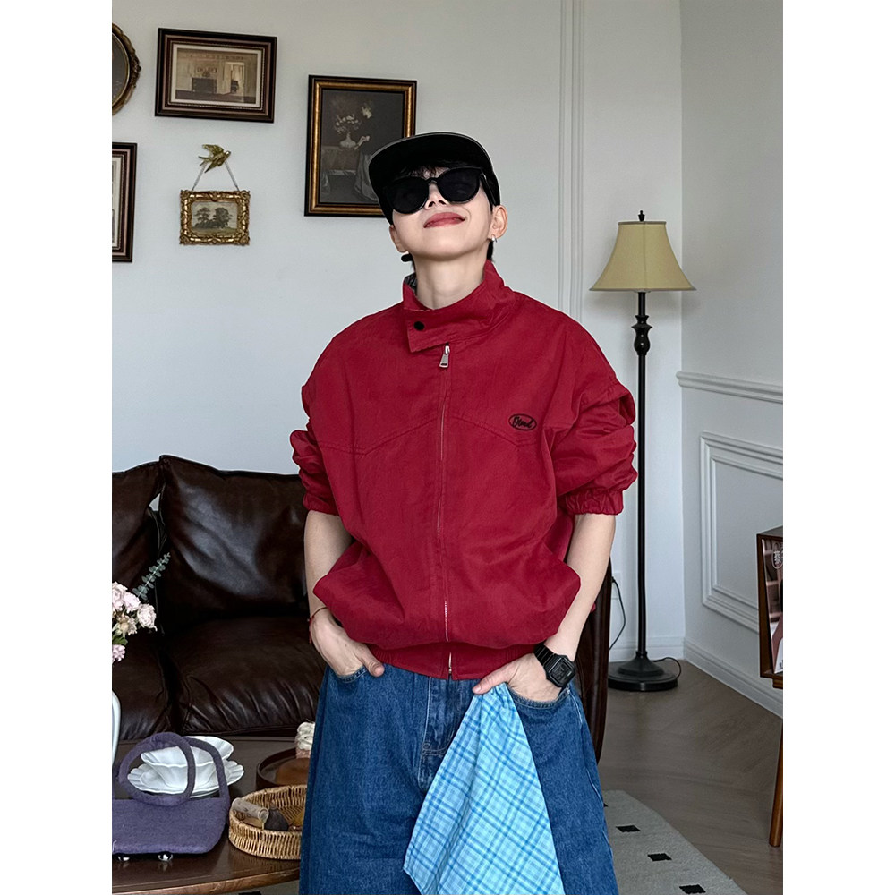 XBRO美式复古短款哈灵顿工装撞色立领春秋季廓形红色男女夹克外套