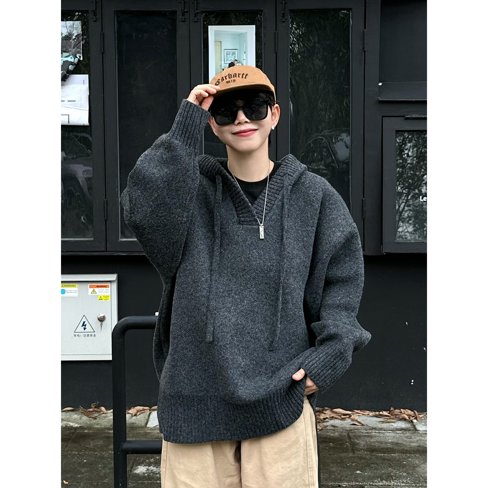 XBRO日系复古韩系慵懒针织连帽卫衣男女保暖秋冬宽松中性套头毛衣