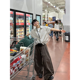 裤 XBRO日系复古打褶阔腿宽松垂感休闲裤 男女显瘦小众排扣弯刀工装