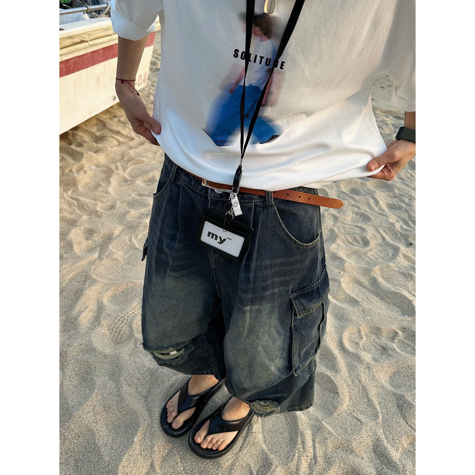 XBRO美式水洗做旧破洞多口袋阔腿工装牛仔七分裤男女宽松夏季短裤