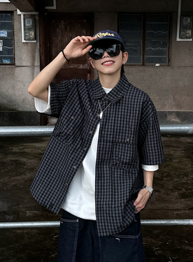 XBRO日系复古夏季短袖衬衫格子cityboy男女情侣工装五分袖衬衣bf