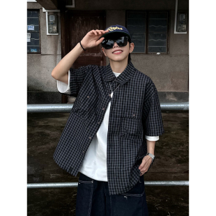 XBRO日系复古夏季短袖衬衫格子cityboy男女情侣工装五分袖衬衣bf