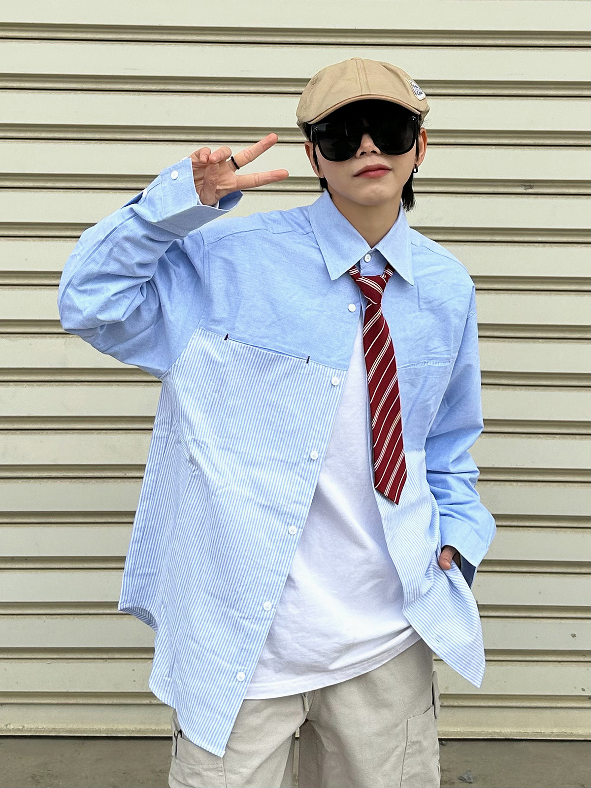 XBRO美式休闲拼接条纹撞色不对称设计感浅蓝色干净长袖衬衫男女bf