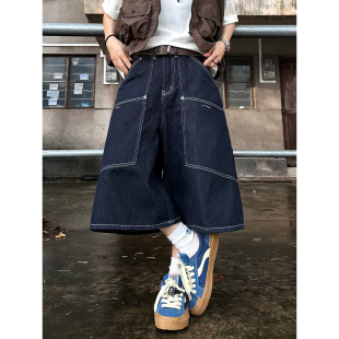 短裤 XBRO日系复古夏季 阔腿裤 男女多口袋明线七分裤 宽松休闲牛仔裤