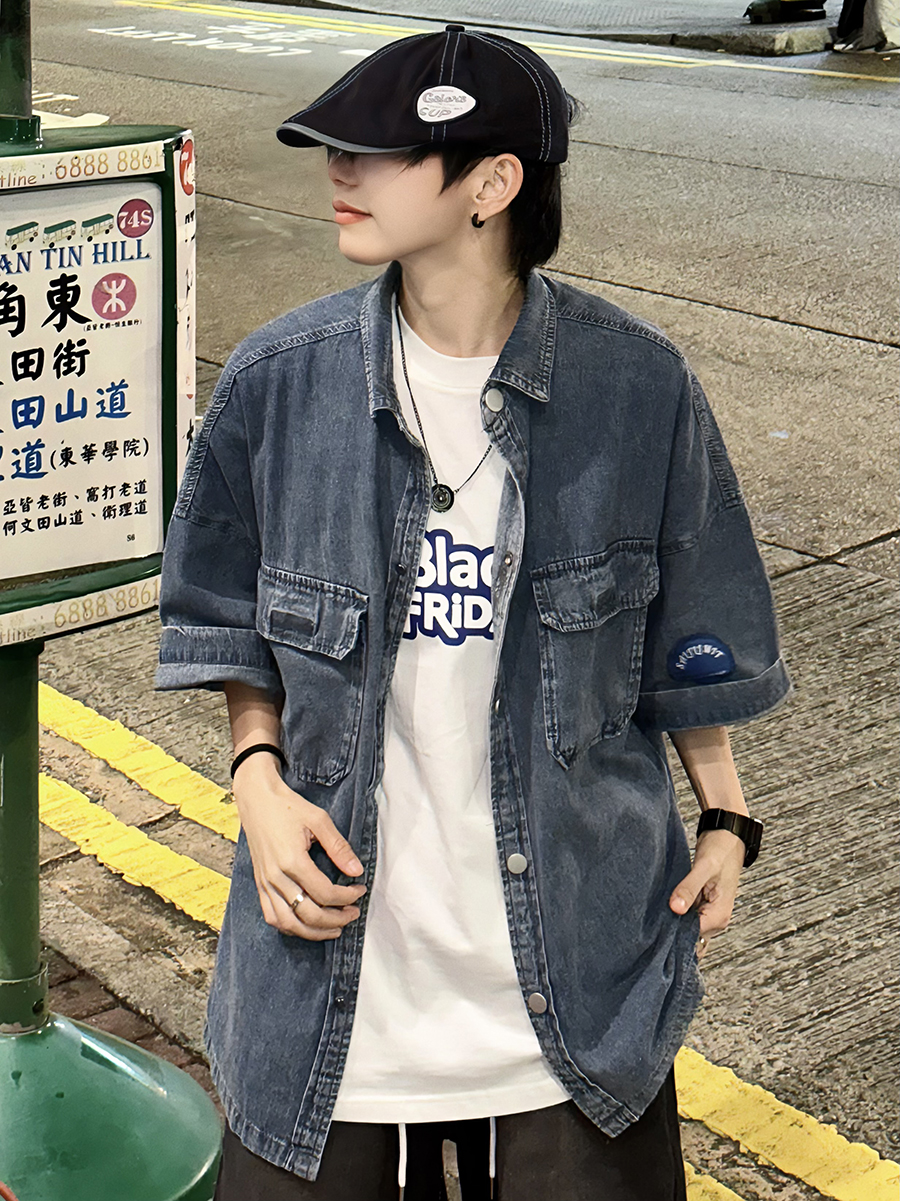 XBRO日系复古古着洗水牛仔外套夏季五分袖衬衫男女徽章宽松衬衣bf