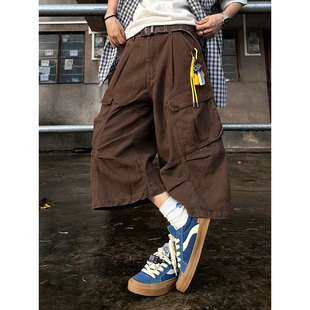 工装 弯刀宽松短裤 复古褶皱夏季 七分裤 多口袋男女阔腿裤 裤 XBRO美式