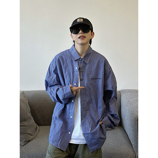 XBRO日系复古慵懒蓝格子显白小清新无性别宽松长袖 男女衬衣bf 衬衫