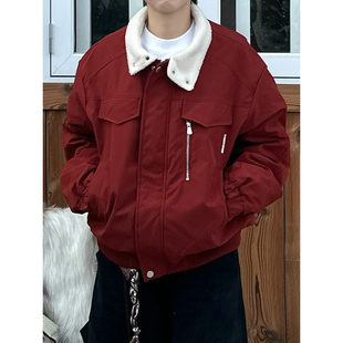 XBRO美式复古短款红色立领工装冬装保暖棉服羊羔绒可翻领棉衣外套