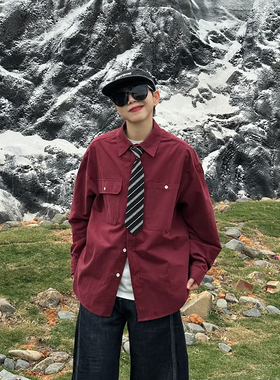 XBRO美式复古宽松慵懒工装多口袋长袖红色衬衫男女衬衣春秋薄外套