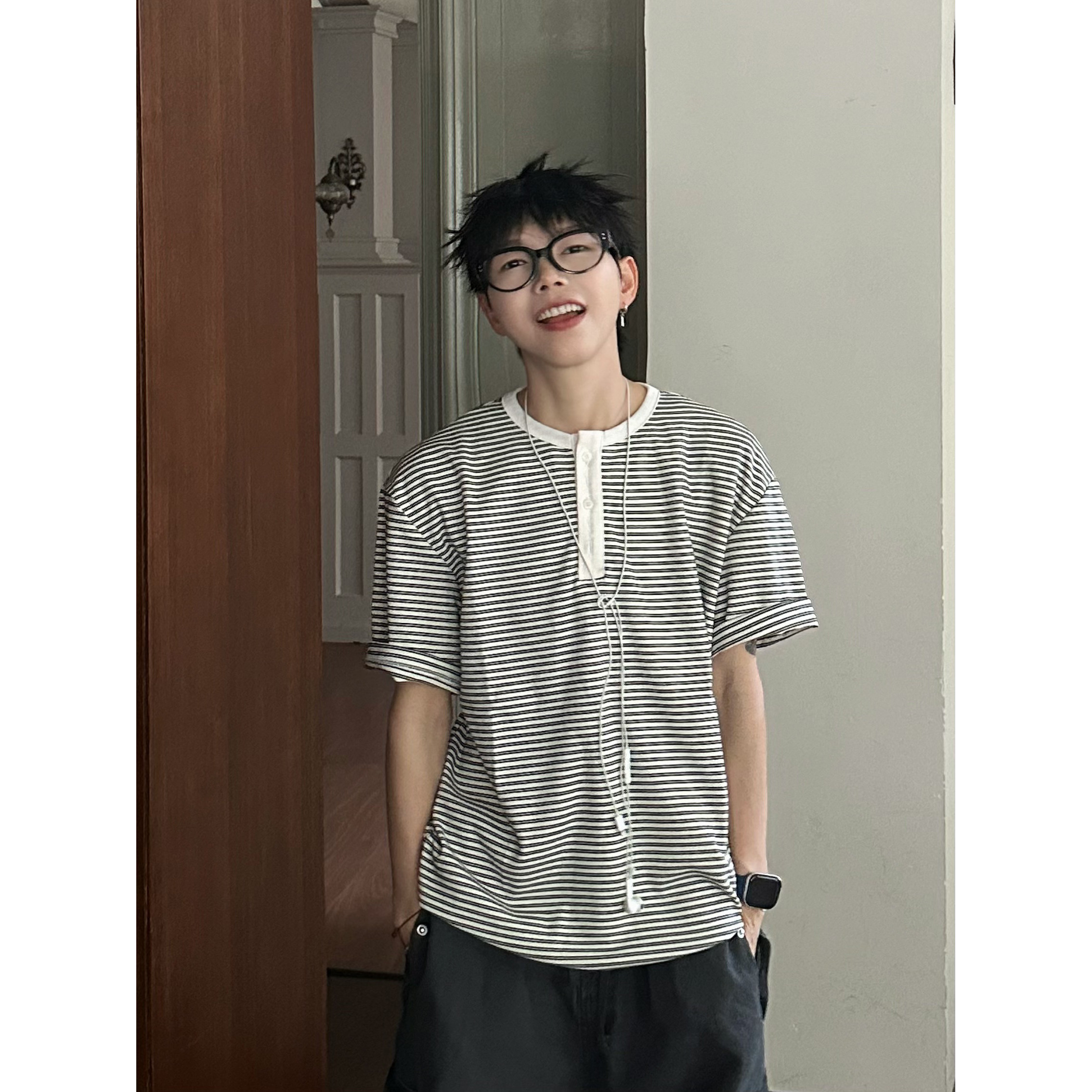 XBRO日系复古亨利领夏季条纹圆领短袖T恤男女宽松松弛五分袖上衣