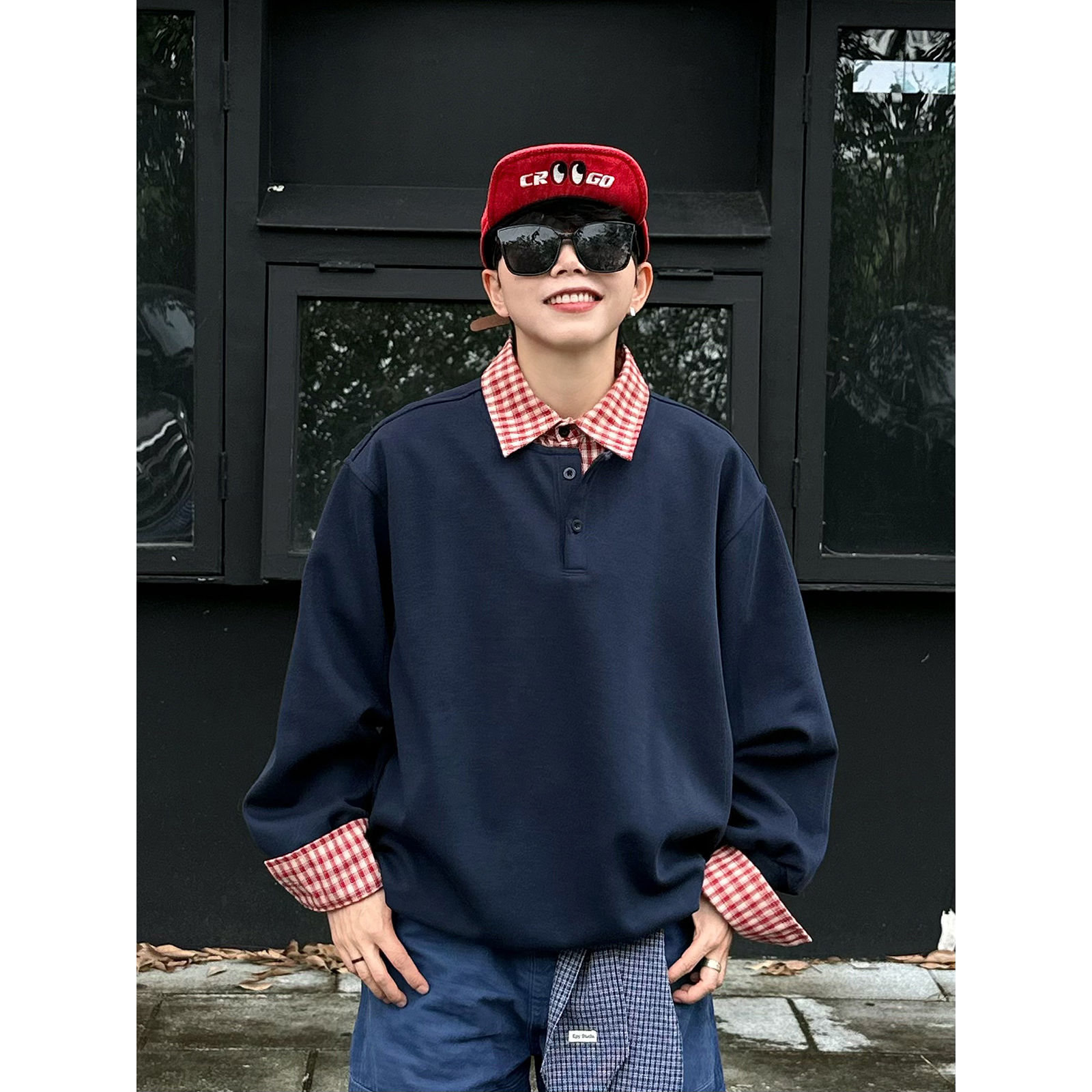 假两件格子拼接卫衣帅麻嘞