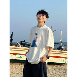 XBRO美式复古重磅模糊人影印花宽松夏季男女五分短袖T恤休闲上衣