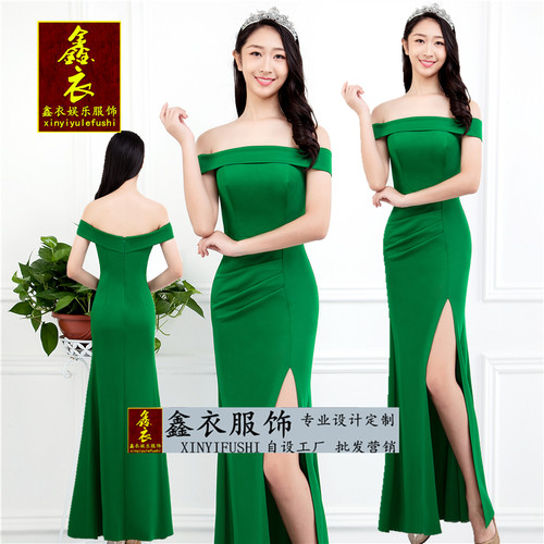 佳丽一字肩夜场小姐弹力绿色晚装