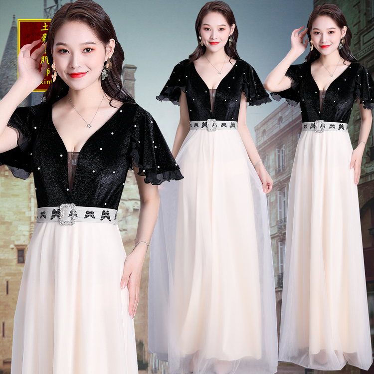 新款晚礼服ktv佳丽工作服夜场小姐短袖香槟公关模特显瘦长裙定制