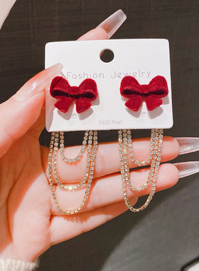 法式复古红色植绒蝴蝶结长款流苏耳环女时尚个性链条轻奢新年耳饰
