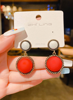 s925银针红色珍珠耳环女气质高级感大气耳饰2022春新品潮耳钉耳坠