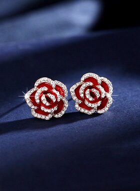 黑色山茶花耳环时尚轻奢小众高级感耳钉新款ins百搭潮耳饰女