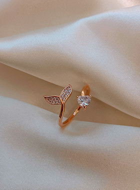 韩版网红铜镶锆石真金电镀奢华鱼尾戒指女开口食指冷淡风指环