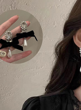 925银针复古黑色丝绒蝴蝶结水滴珍珠耳环耳钉新品秋冬少女耳饰品