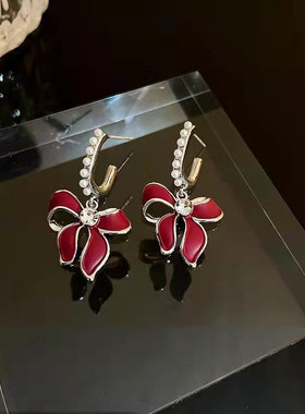 2023年新款春夏耳钉韩系黑色蝴蝶结珍珠耳扣女网红气质耳饰品