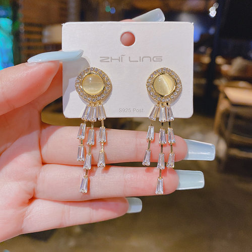 925银针法式复古巴洛克猫眼石耳钉少女轻奢耳环网红气质耳饰耳坠