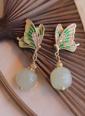 新中式复古清新绿色蝴蝶耳钉女轻奢小众设计中国风高级感气质耳饰
