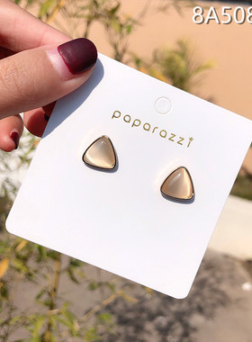 S925银针三角形猫眼石透亮耳钉女潮小巧简约百搭耳环森系小众耳饰