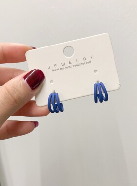 925银针复古三层c形蓝色圆圈耳环日韩迷你个性设计感日常耳饰