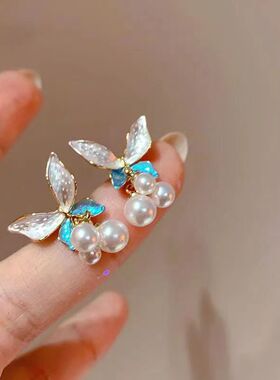 s925银针新款滴油蓝白色蝴蝶耳环时尚个性气质简约优雅百搭耳饰品