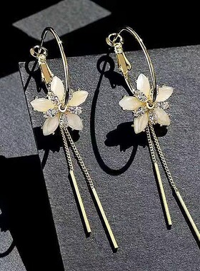 925银针时尚流苏耳环韩国2022新品潮女圆脸长款气质花朵个性耳饰