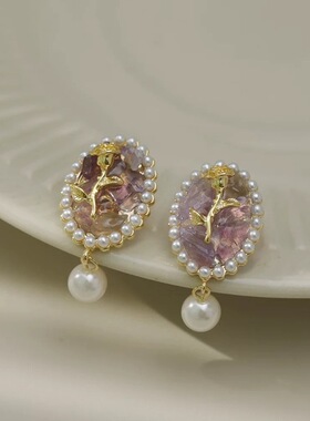 法式超仙紫色水晶石巴洛克珍珠耳钉简约轻奢郁金香椭圆宫廷风耳饰