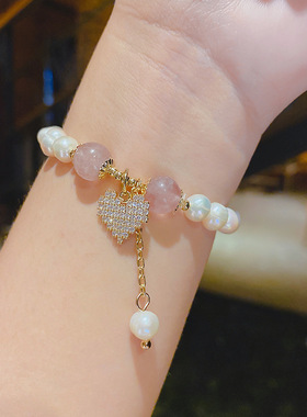 真金电镀微镶锆石爱心吊坠手链韩国东大门猫眼石彩色珍珠个性手饰