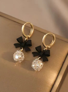 韩版耳钉黑色蝴蝶结耳坠简单大气锆石耳坠淑女气质耳钉耳环饰品女