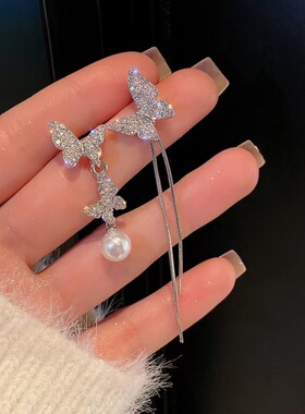 S925银针不对称镶钻蝴蝶耳钉轻奢小众设计感高级耳环女耳饰品