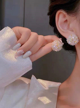 925银针设计立体镶钻花朵甜美气质耳钉高级感花球耳环个性耳饰品