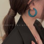 S925银针韩版 湖蓝色ins网红C形耳钉气质耳圈耳环女冷淡风树脂耳饰