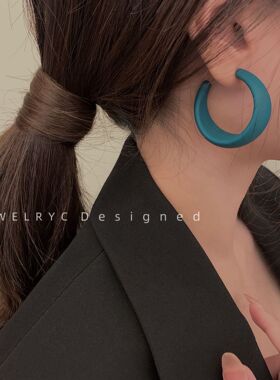 S925银针韩版湖蓝色ins网红C形耳钉气质耳圈耳环女冷淡风树脂耳饰
