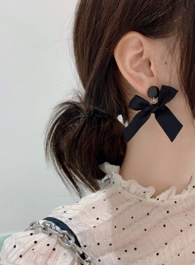 925银针韩国东大门黑色丝带蝴蝶结耳环学院风少女质感网红耳饰女