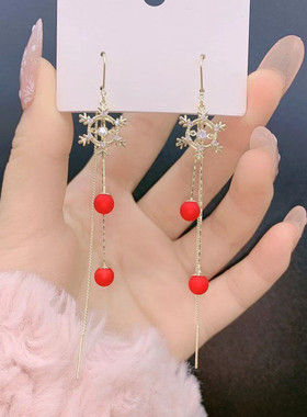红色珍珠长款雪花耳线女网红ins百搭耳饰高级感925防过敏银针耳环