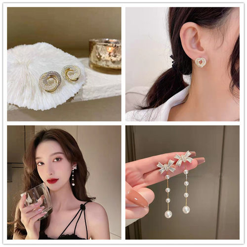 S925银针珍珠锆石耳钉气质简单时尚潮港风耳环2022新品耳坠女饰品