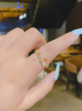 【真金电镀】保色微镶锆石花朵开口时尚食指戒指女ins潮网红指环