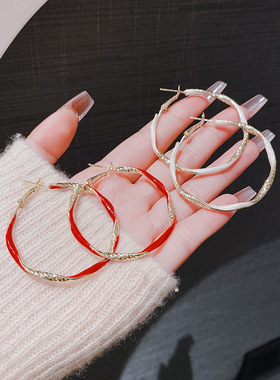 复古简约红色扭纹大圆圈耳环女小众设计轻奢高级耳饰独特夸张耳圈