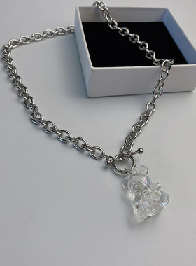 韩版Q弹果冻透明小熊OT项链男女情侣简约卡通熊吊坠可爱ins毛衣链