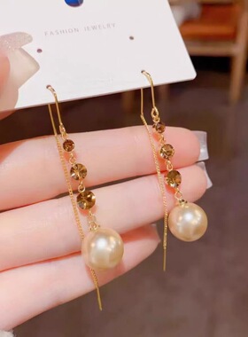 小众设计感长款镶钻紫色珍珠耳环简约时尚百搭显脸瘦新款爆款耳饰